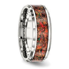Stainless Steel with Red Imitation Opal Inlay 8mm Band