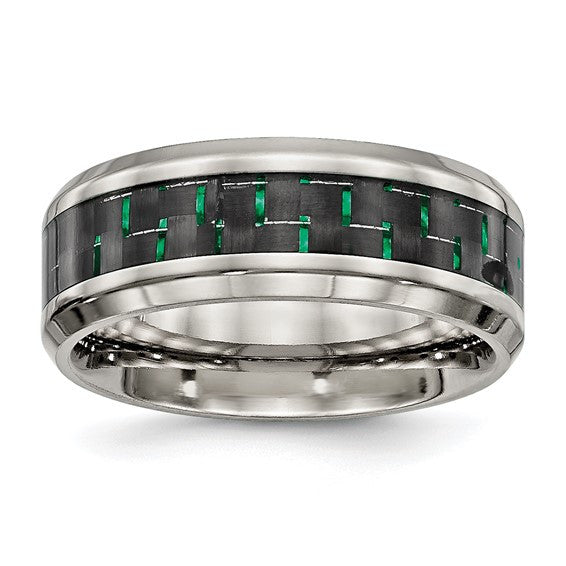 Stainless Steel Polished with Black and Green Carbon Fiber Inlay 8mm Band