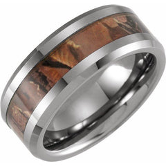 Tungsten 8mm Beveled-Edge Band with Acacia Wood Inlay