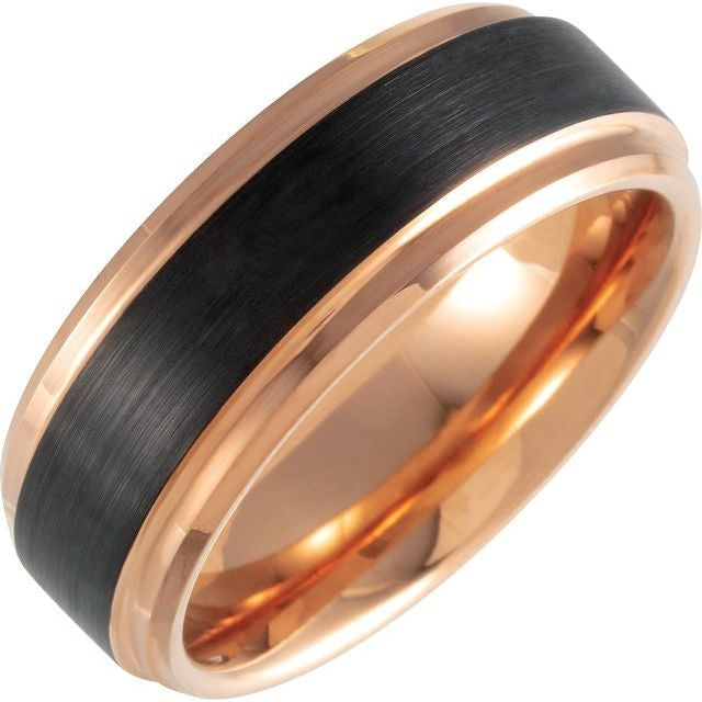 Black and 18K Rose Gold PVD Tungsten 8mm Beveled-Edge Band with a Satin Finish