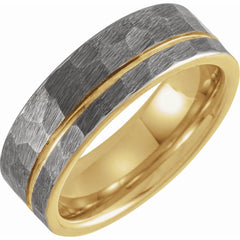 18K Yellow Gold PVD Tungsten 8mm Grooved Band with a Hammer Fini