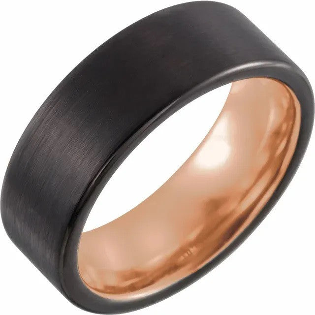 18K Rose Gold PVD Black PVD Tungsten 8mm Flat Edge Band with Satin Finish