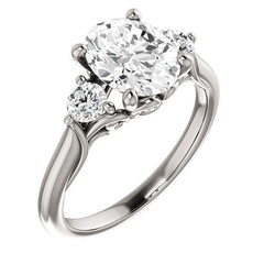Oval and Round Brilliant Moissanite 3-Stone Ring with Scrolls