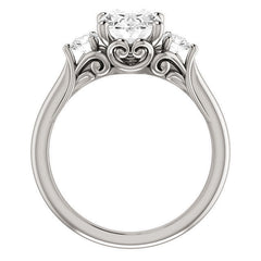Oval and Round Brilliant Moissanite 3-Stone Ring with Scrolls