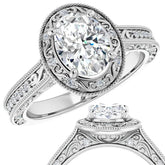 Oval cut Scroll Accented Halo Engagement Ring