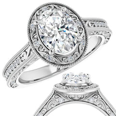 Oval cut Scroll Accented Halo Engagement Ring