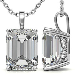 Emerald / Radiant 4-Prong Scroll Accented Moissanite Pendant