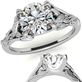 Round Leaf Engraved Moissanite Solitaire Ring