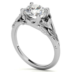 Round Leaf Engraved Moissanite Solitaire Ring