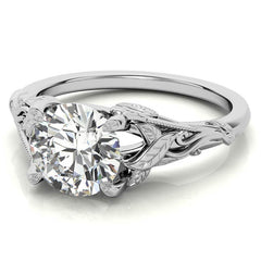 Round Leaf Engraved Moissanite Solitaire Ring