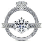 6-Prong Round Engraved Moissanite Solitaire Ring with Milgrain A