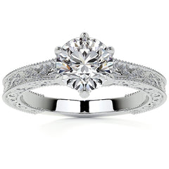 6-Prong Round Engraved Moissanite Solitaire Ring with Milgrain A