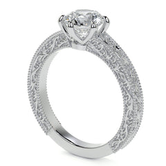 6-Prong Round Engraved Moissanite Solitaire Ring with Milgrain A