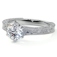 6-Prong Round Engraved Moissanite Solitaire Ring with Milgrain A