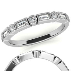 Round and Baguette Moissanite Stackable Band with Milgrain