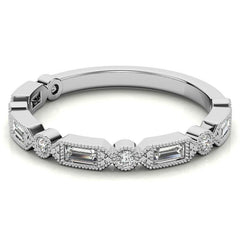 Baguette and Round Brilliant Moissanite Stackable Band with Milgrain