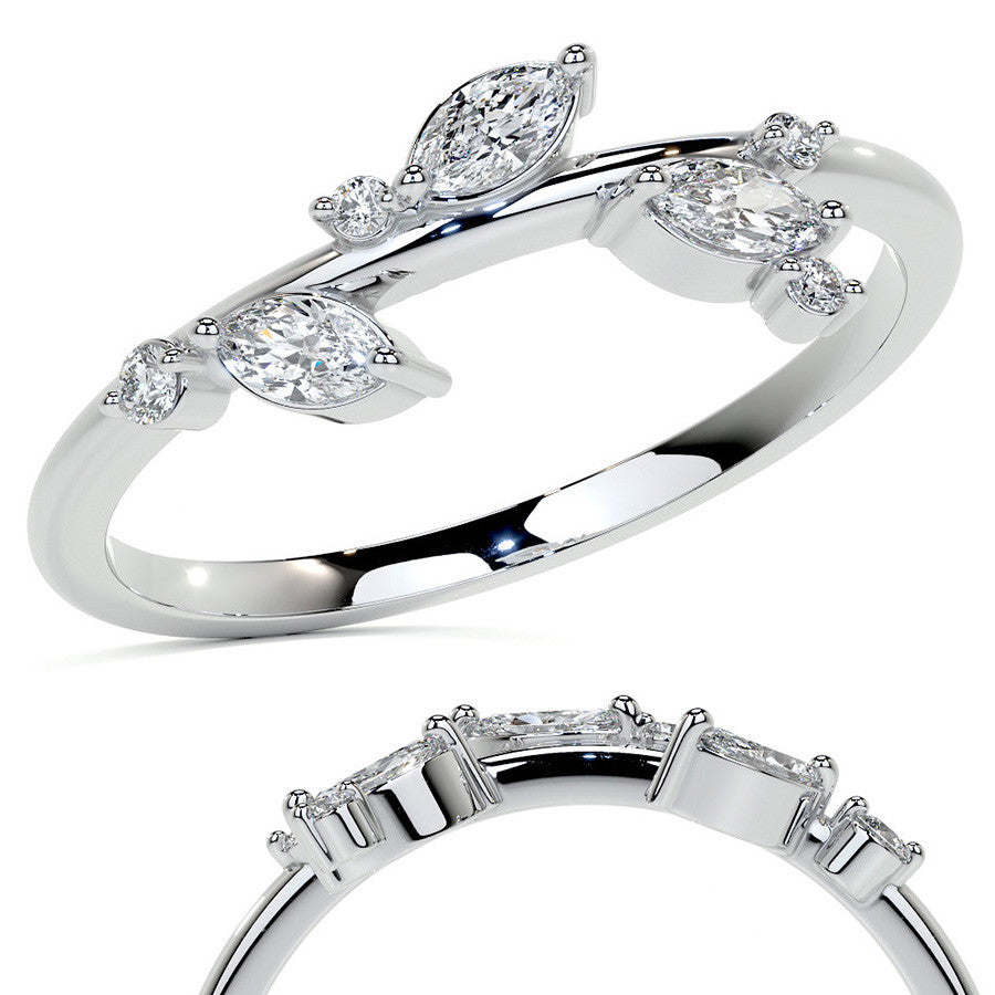 Round and Marquise Leaf Design Moissanite Stackable Band