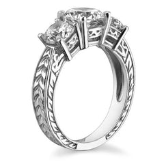 2ct (6.5mm/5mm) Round Brilliant Moissanite Antique 3 Stone Ring
