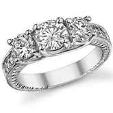 1.9ct (6mm,5mm) Round Brilliant Moissanite Antique Trellis 3-Stone Ring