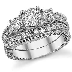 1.4ct (6mm,4mm) Round Brilliant Moissanite Antique Trellis 3-Stone Ring
