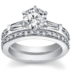 Baguette / Round Brilliant Moissanite Engagement Ring with Milgrain Accents