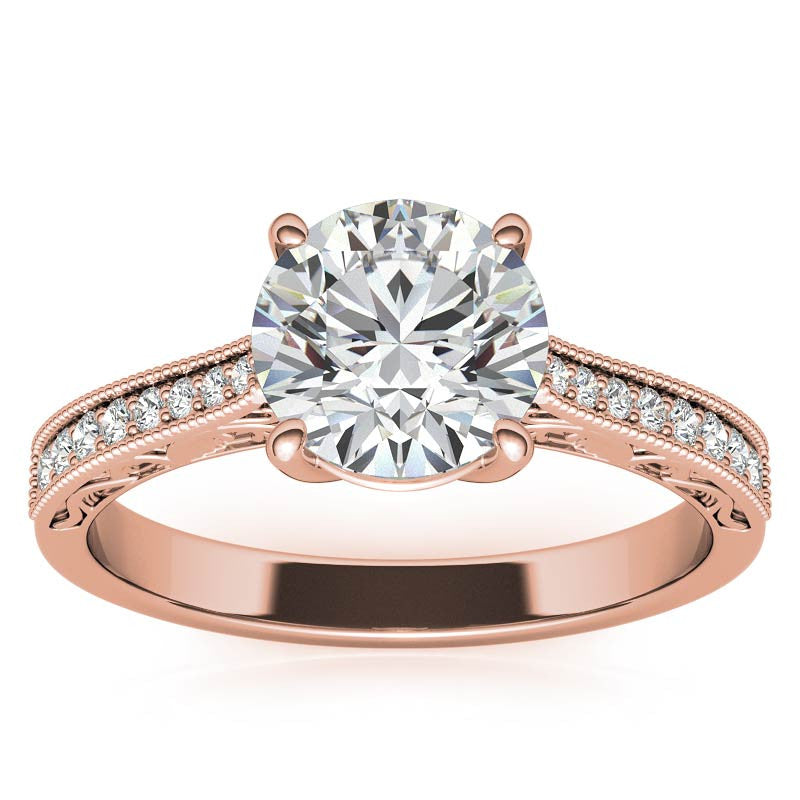 Round Engraved Moissanite Engagement Ring with Milgrain