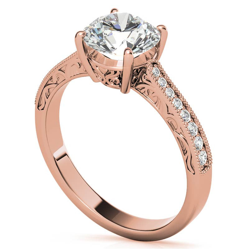 Round Engraved Moissanite Engagement Ring with Milgrain