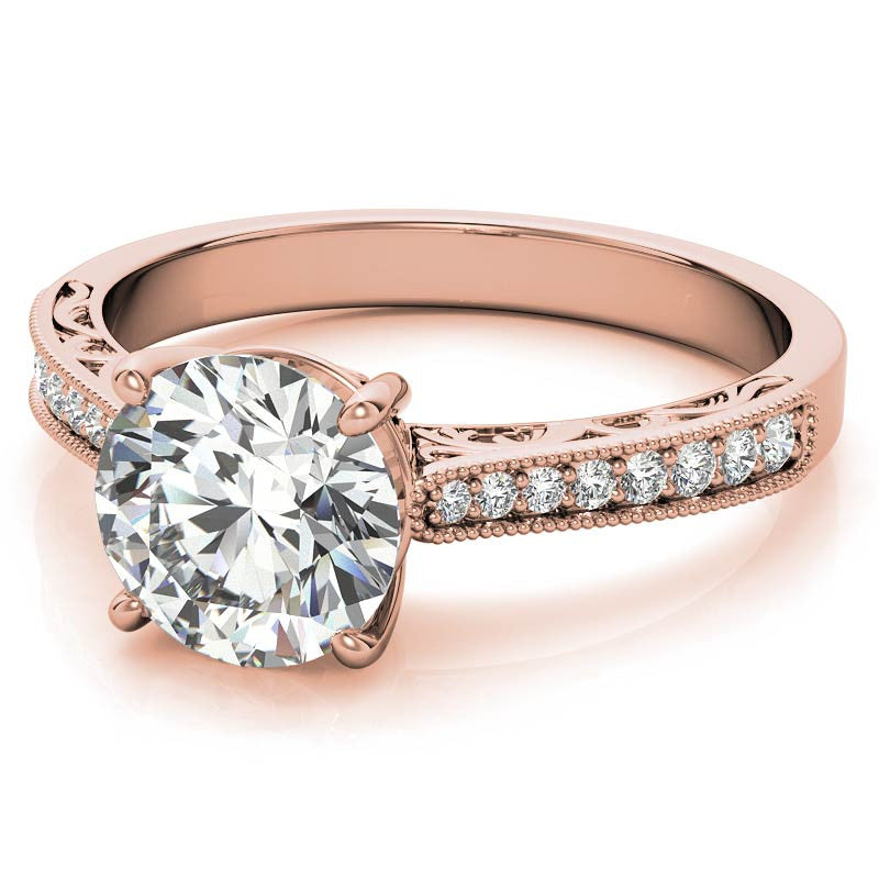 Round Engraved Moissanite Engagement Ring with Milgrain