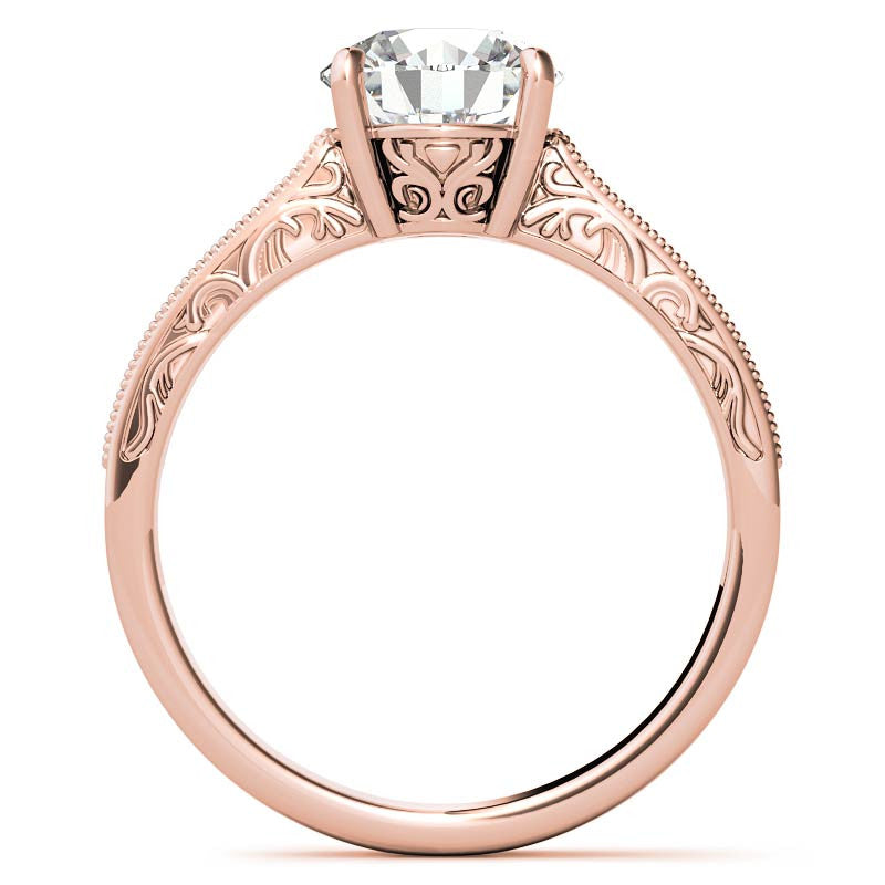 Round Engraved Moissanite Engagement Ring with Milgrain