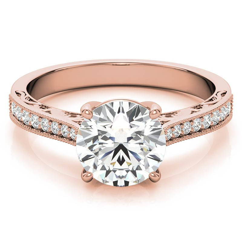 Round Engraved Moissanite Engagement Ring with Milgrain