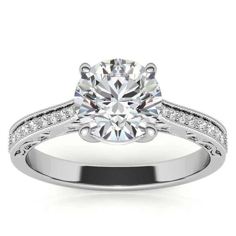 Round Engraved Moissanite Engagement Ring with Milgrain