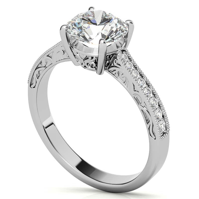 Round Engraved Moissanite Engagement Ring with Milgrain