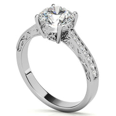 Round Engraved Moissanite Engagement Ring with Milgrain