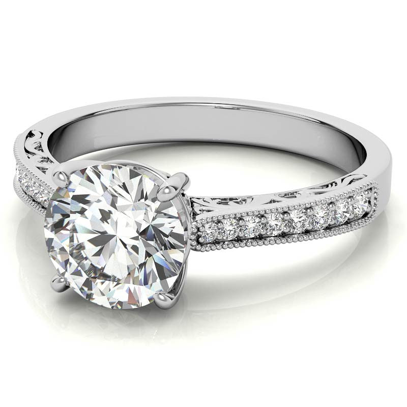 Round Engraved Moissanite Engagement Ring with Milgrain