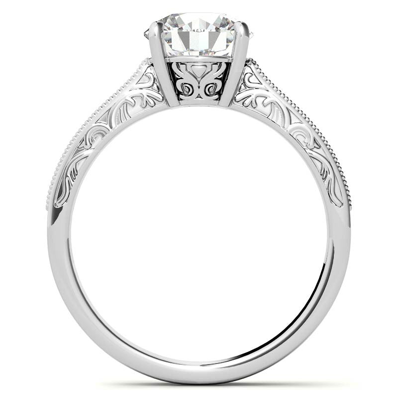 Round Engraved Moissanite Engagement Ring with Milgrain