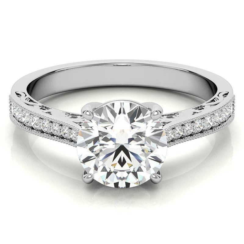 Round Engraved Moissanite Engagement Ring with Milgrain