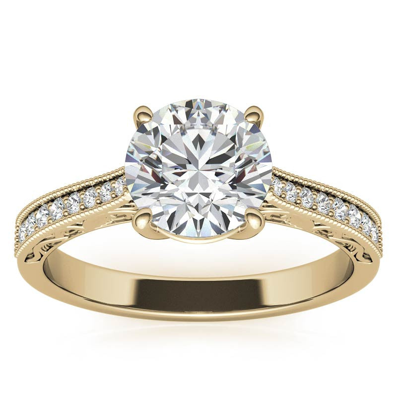 Round Engraved Moissanite Engagement Ring with Milgrain