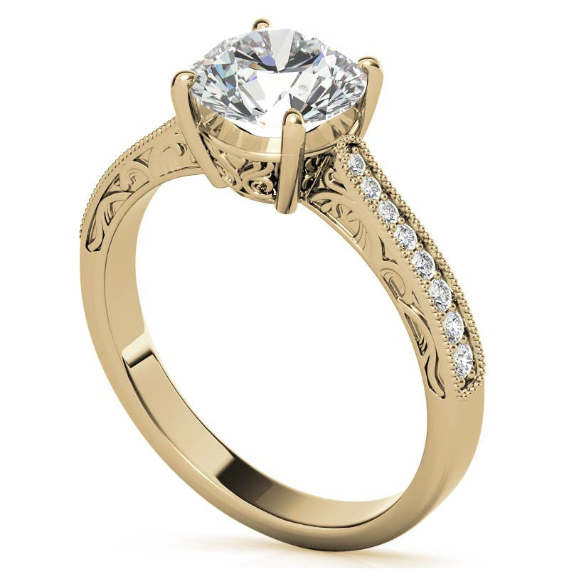 Round Engraved Moissanite Engagement Ring with Milgrain
