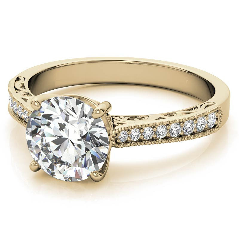 Round Engraved Moissanite Engagement Ring with Milgrain