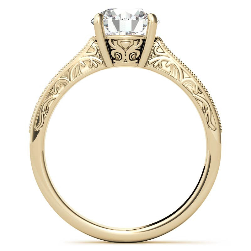 Round Engraved Moissanite Engagement Ring with Milgrain