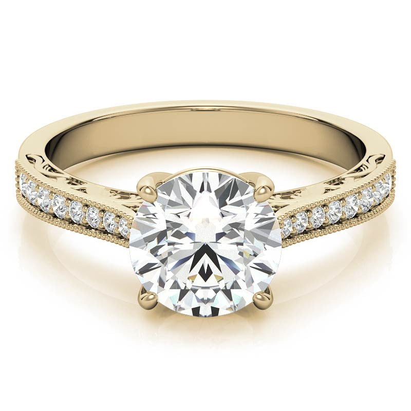Round Engraved Moissanite Engagement Ring with Milgrain