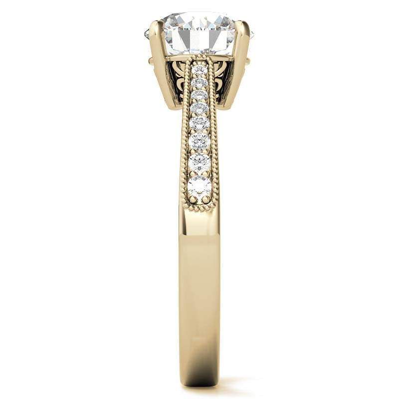 Round Engraved Moissanite Engagement Ring with Milgrain