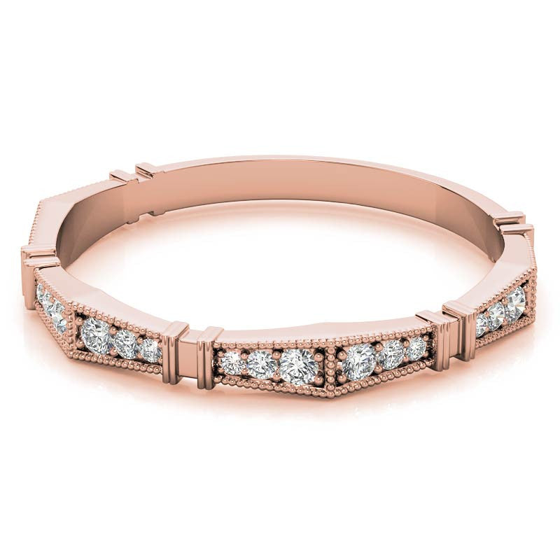 Petite Geometrical Round Brilliant Moissanite Stackable Band with Milgrain