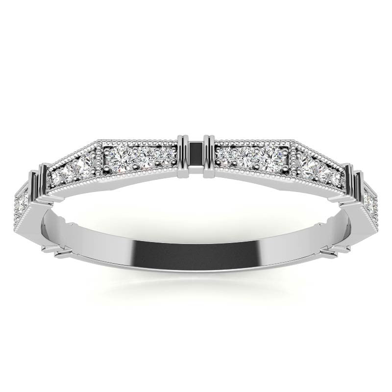 Petite Geometrical Round Brilliant Moissanite Stackable Band with Milgrain