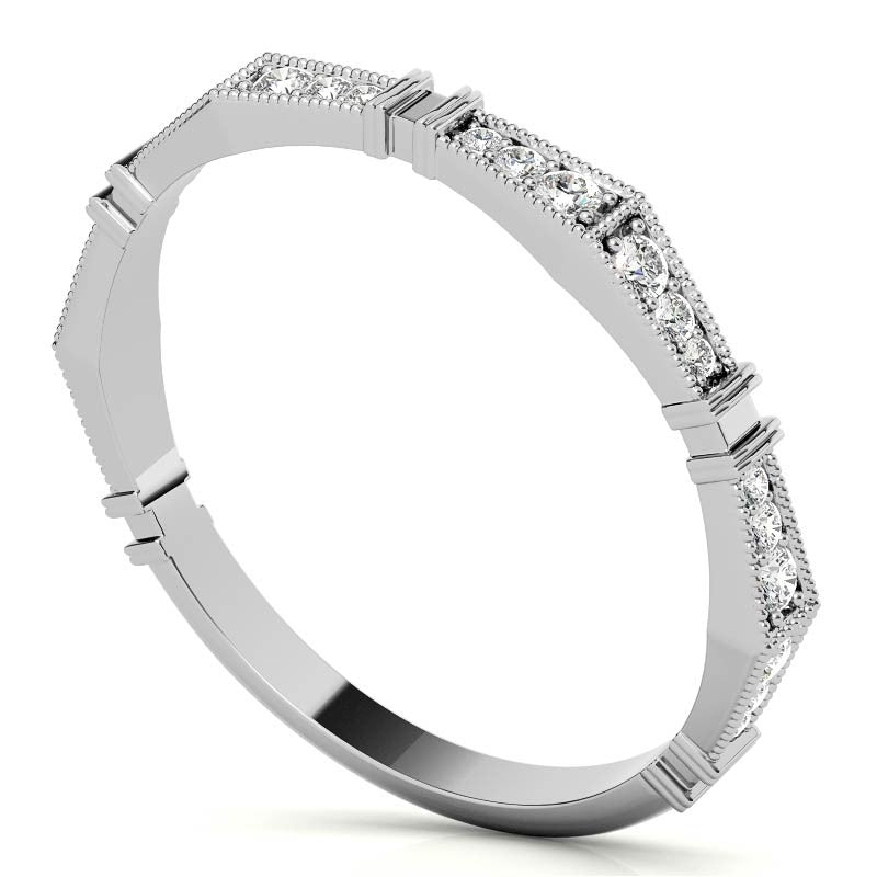 Petite Geometrical Round Brilliant Moissanite Stackable Band with Milgrain