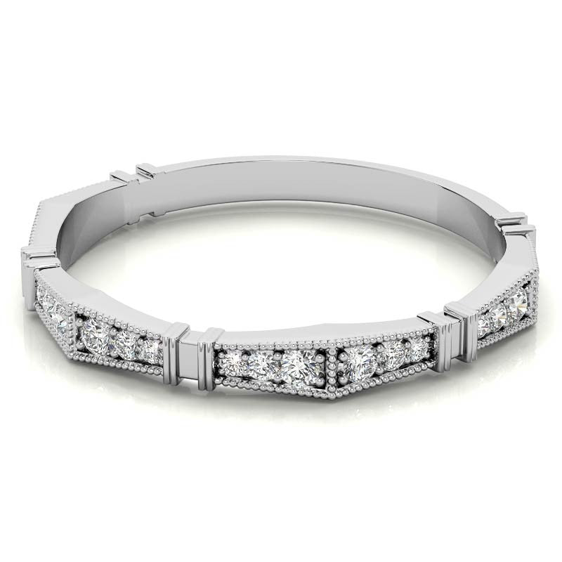 Petite Geometrical Round Brilliant Moissanite Stackable Band with Milgrain