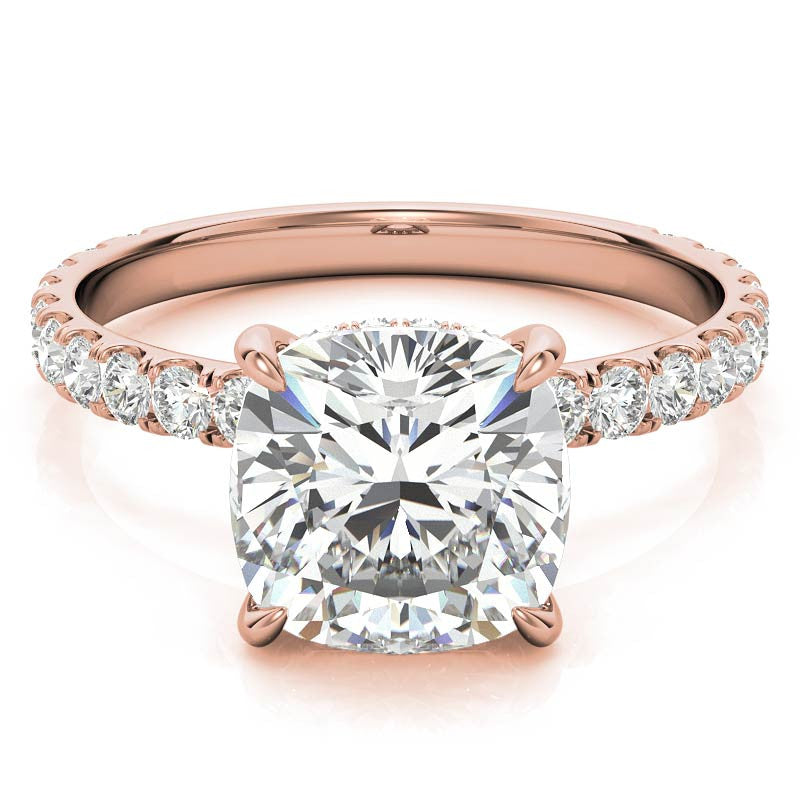 Cushion Moissanite Engagement Ring with Hidden Halo