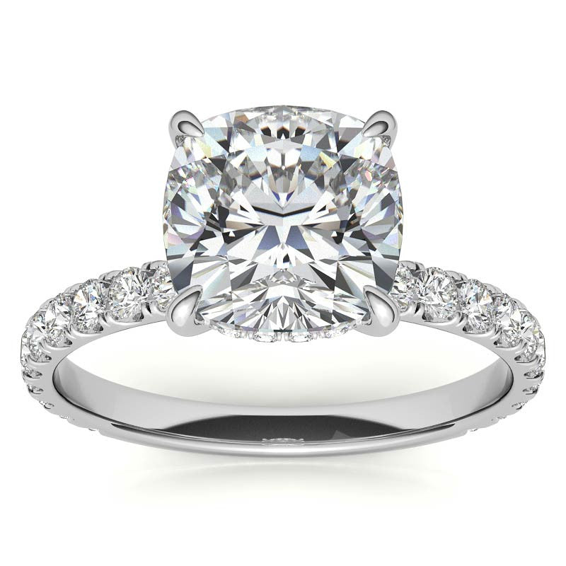 Cushion Moissanite Engagement Ring with Hidden Halo