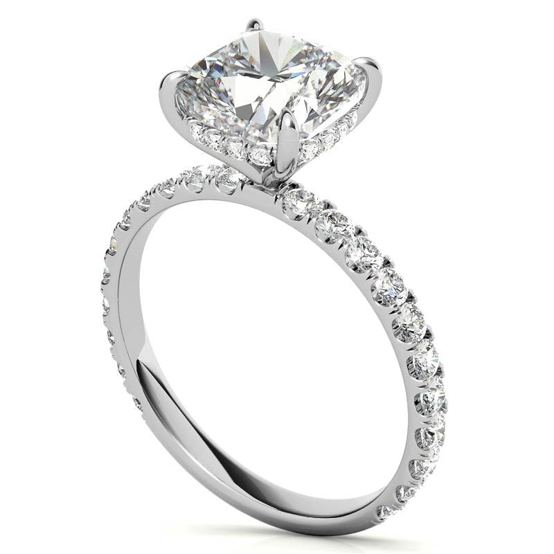 Cushion Moissanite Engagement Ring with Hidden Halo