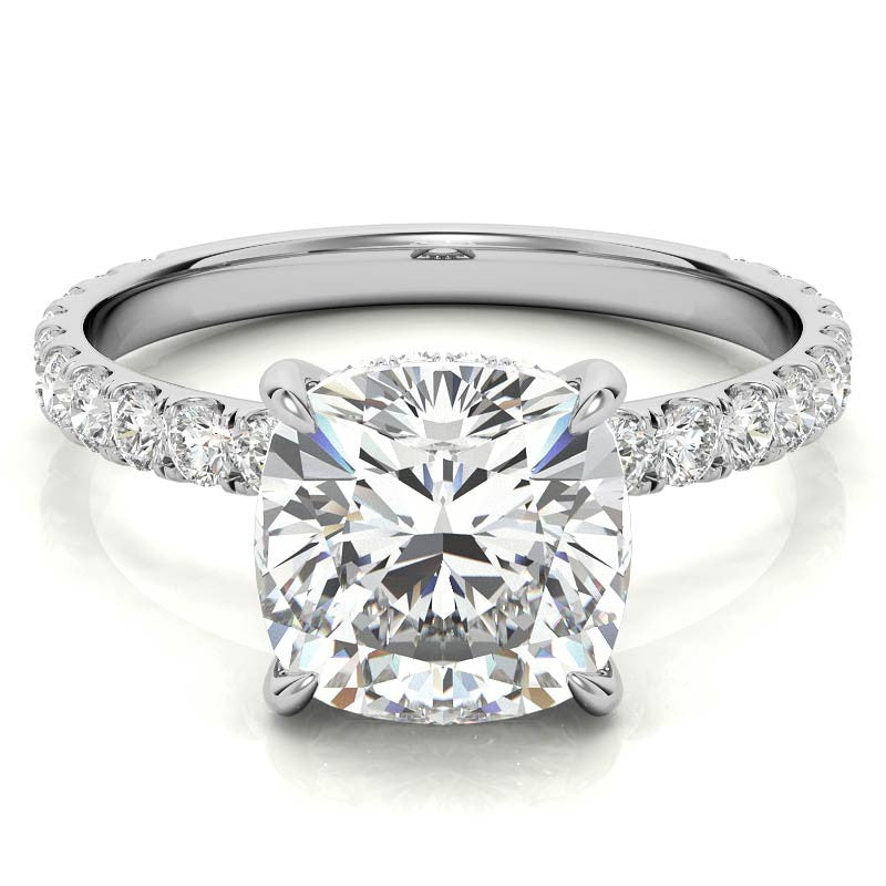 Cushion Moissanite Engagement Ring with Hidden Halo